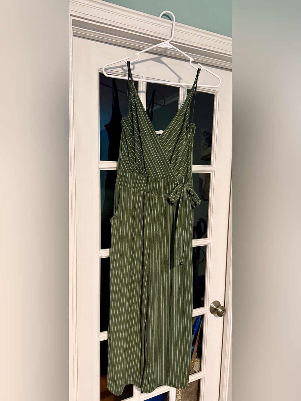 Kaileigh Olive Green with White Pinstripe Wrap Jumpsuit